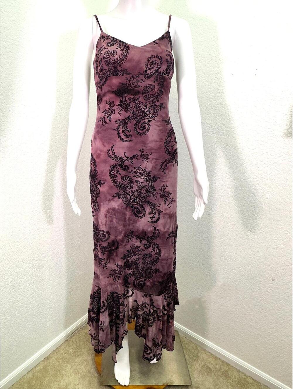 VTG Y2K Sz S Candy Rocket Mauve Black Maxi Dress Empire Waist Asymmetric Hem